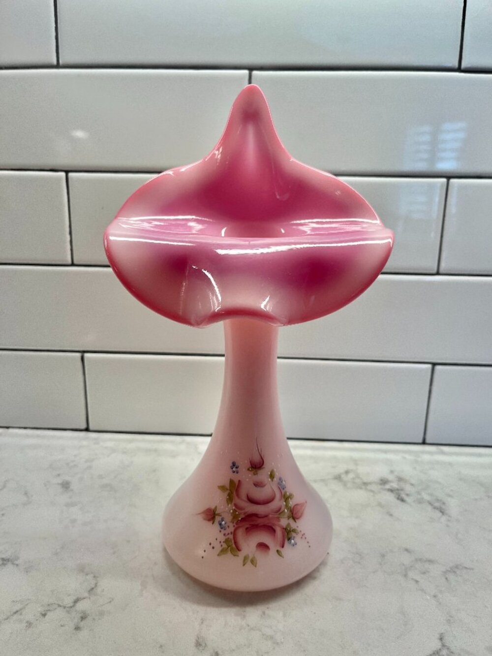 1991 Fenton Hand-Painted Art Glass Vase Rosalene "Jack-in-the-Pulpit" Signed